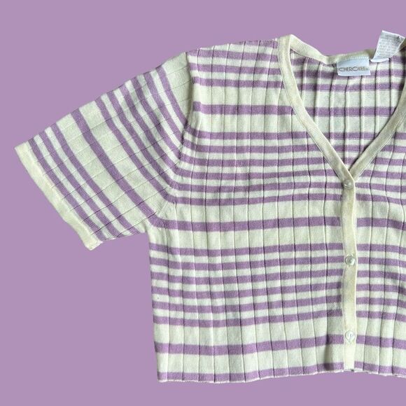 Vintage Cropped Lavender and White Stripe Cardigan - Picture 2 of 5